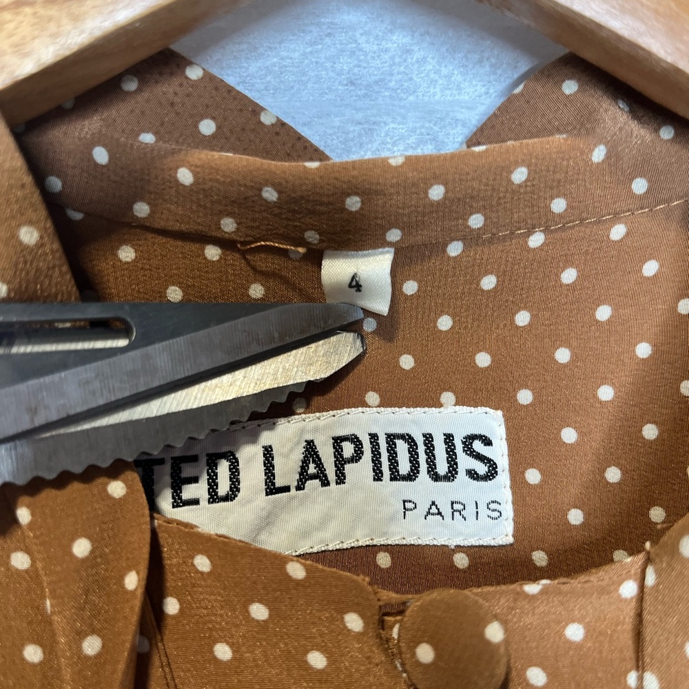 Vintage 70’s Ted Lapidus Paris Silk Maxi Dress Brown Beige Polka Dots Size 4 - Picture 7 of 15